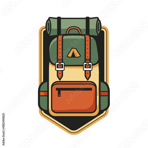 Illustration of a travel backpack with multiple compartments and adjustable