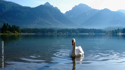 Wallpaper Mural Graceful Swan Gliding Across Calm Lake Surrounded by Majestic Mountains in Morning Light. Seamless looping 4k video background  Torontodigital.ca