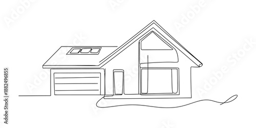 Modern house with garage and large windows in continuous line art style Vector, illustration