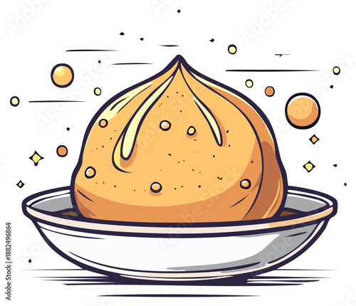 Cartoon samosa in a bowl, Indian snack food illustration