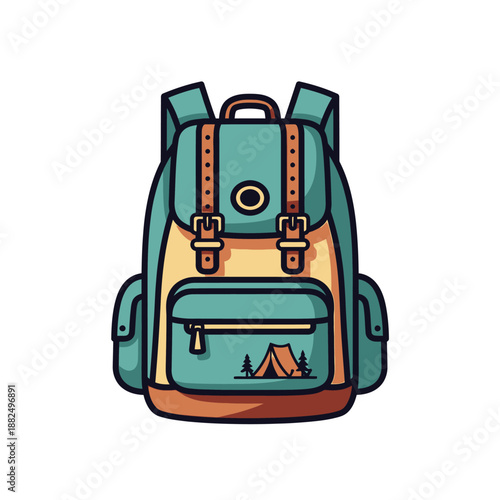 Stylish illustrated backpack featuring outdoor camping scene with a tent and