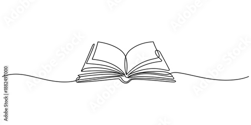 Continuous line art drawing of an open book symbol of education and knowledge Vector, illustration