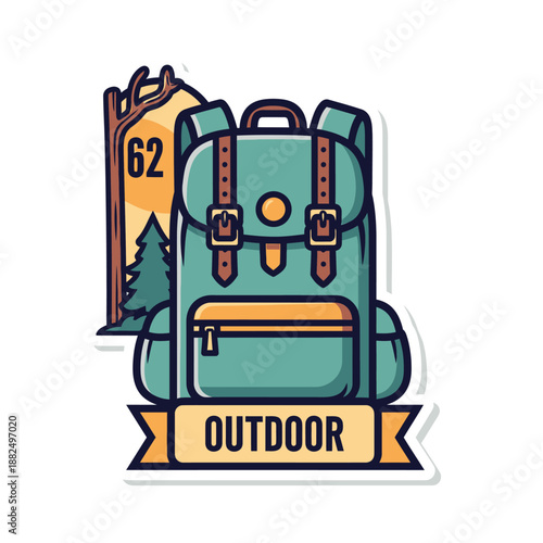 Stylish outdoor adventure backpack with forest and mountain background design