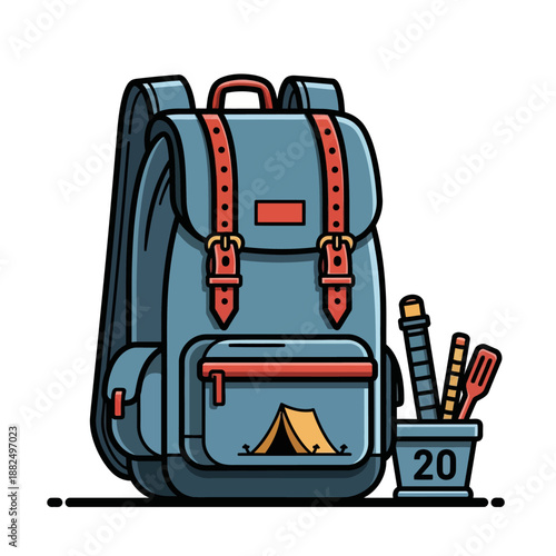 Stylish school backpack with pens and paper for students in a modern classroom