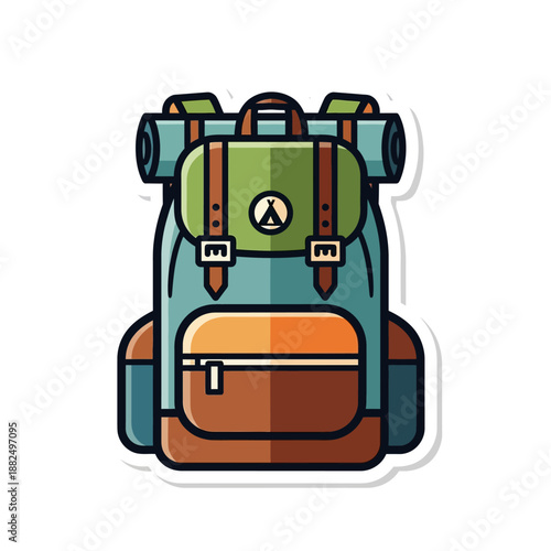 Stylized illustration of a detailed hiking backpack with multiple compartments