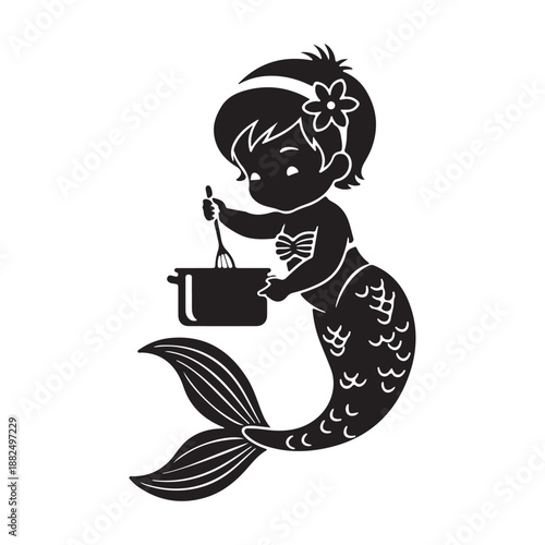 Silhouette of a mermaid with a flower in her hair stirring a pot on white cartoon cooking baby mermaid silhouette