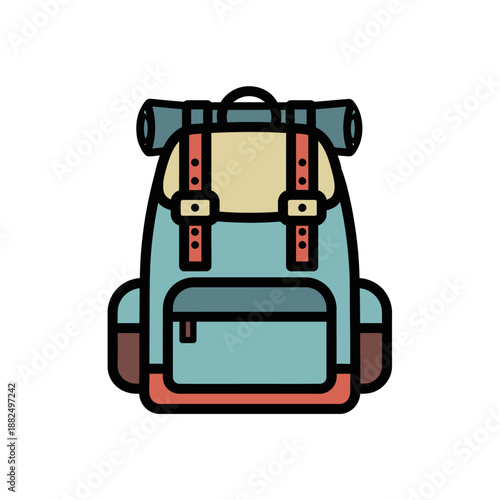 Stylized Illustration of a Backpack with Multiple Compartments and Straps for