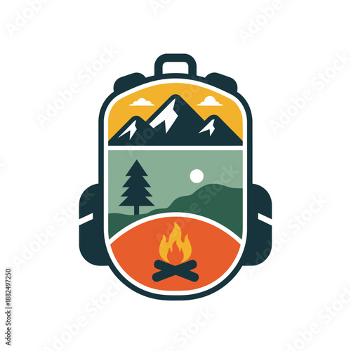 Outdoor adventure backpack design with mountain, forest and campfire scene