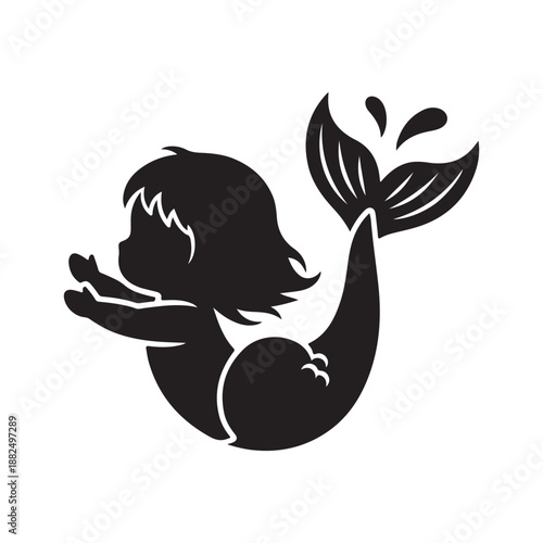Silhouette of a swimming mermaid child with arms outstretched and tail splashing water baby mermaid silhouette