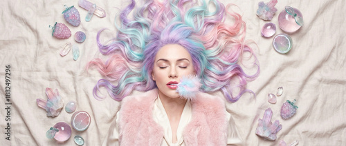 Pastel hair, crystal clusters, and fruit decor on fabric