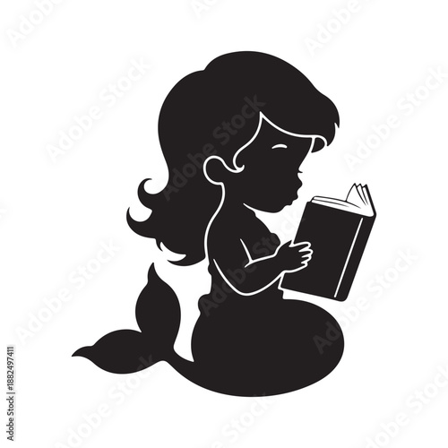 Black silhouette of a mermaid with wavy hair reading a book on white background story baby mermaid silhouette