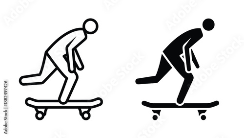 Two simple black and white illustrations of skateboarders in motion