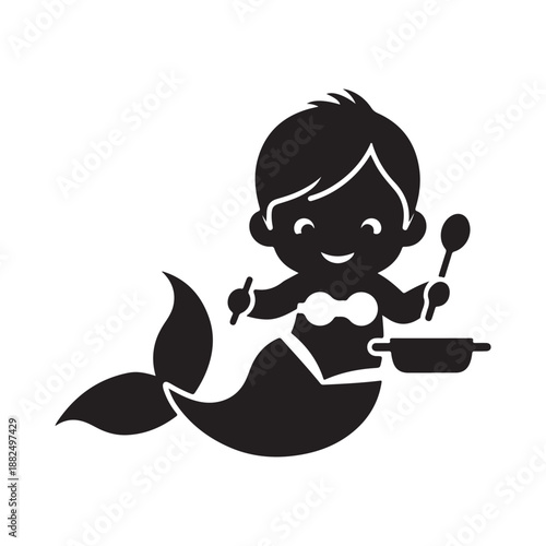 Cartoon mermaid cooking in a pot with a spoon and spatula on white kitchen food baby mermaid silhouette