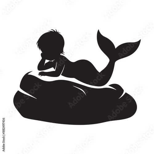 Black Silhouette of a Mermaid Resting on a Rock Looking Thoughtful vector illustration baby mermaid silhouette