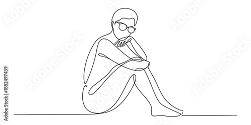 Continuous line drawing of a person sitting in contemplation, looking pensive and thoughtful Vector, illustration