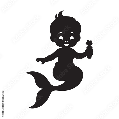 Happy baby mermaid silhouette holding a bottle infant child