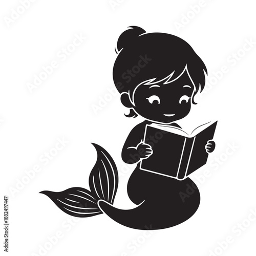 Cute cartoon mermaid reading a book on a white background story baby mermaid silhouette
