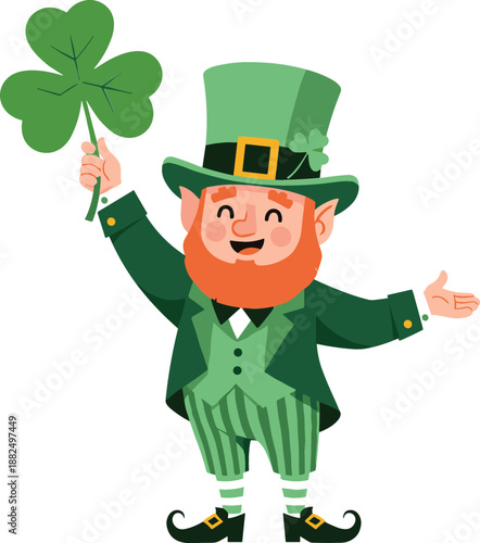 Cheerful St. Patrick's Day vector mascot featuring a friendly leprechaun in a green suit holding a large clover.
