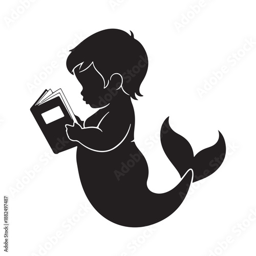 Silhouette of a baby mermaid reading a book with a curious expression on a white background baby mermaid silhouette