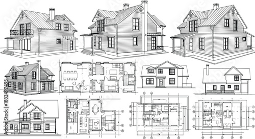 Comprehensive architectural documentation package featuring 3D perspectives, elevations, and detailed floor plans for a traditional gabled family home.