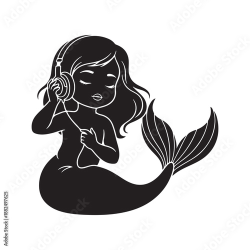 Silhouette of a mermaid child with eyes closed listening to music with headphones baby girl baby mermaid silhouette
