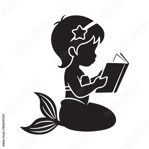 Silhouette of a mermaid child with star headband reading a book vector illustration baby mermaid silhouette