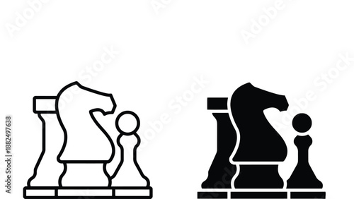 A black and white illustration of chess pieces on a plain background
