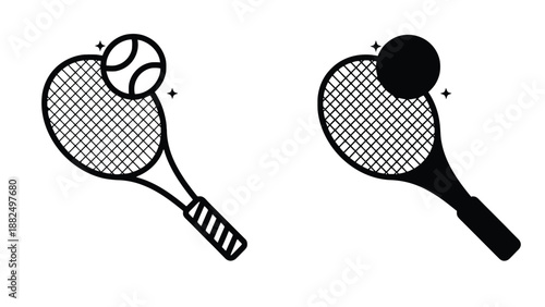 Two tennis rackets with balls in a minimalist black and white illustration