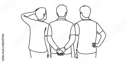 Continuous line drawing of three men standing side by side, looking forward from behind Vector, illustration
