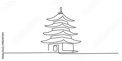 Single continuous line drawing of an oriental pagoda architecture on a white background Vector, illustration