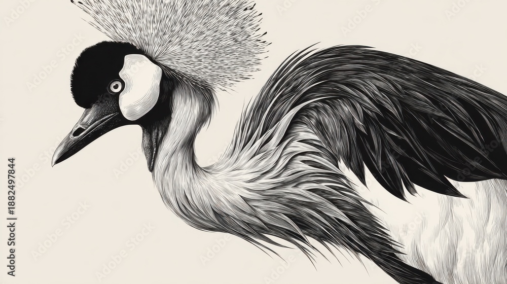 Fototapeta premium Elegant Black and White Illustration of a Crane with Feather Crown