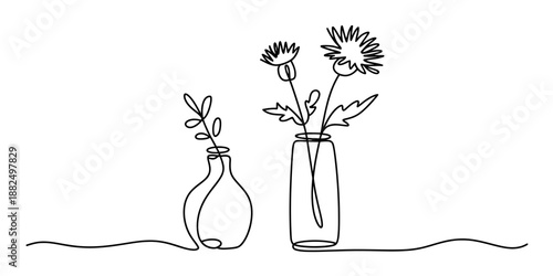 Continuous single line drawing of two vases holding flowers and a plant sprig on a white background Vector, illustration