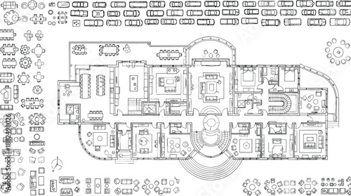 Architectural estate floor plan vector with a massive library of furniture blocks and vehicle types for site planning.