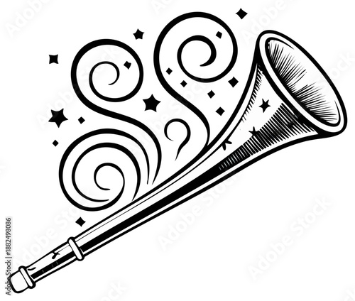 Celebratory party horn illustration with decorative swirls and sparkling stars in vintage line art style