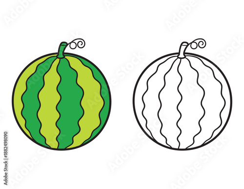 Vector illustration of a  watermelon. Fruit Coloring Page for Kids. black and white line art with a colored version for children's educational and coloring activity.