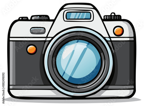 Fun Cartoon Illustration of a Modern Camera capturing the world with its lens for photography enthusiasts