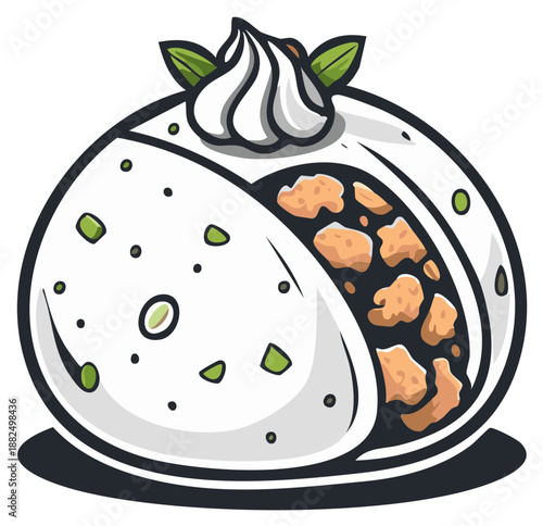 Cartoon style burrito with meat filling and cream, garnished with herb leaves