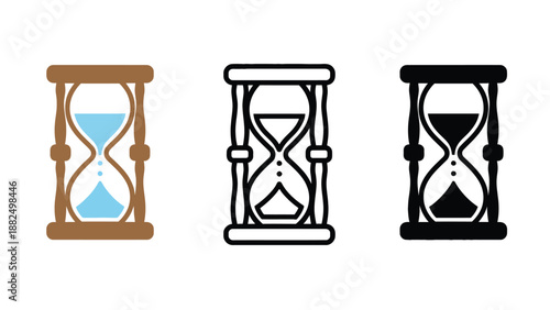 Three hourglass icons in different colors on a white background