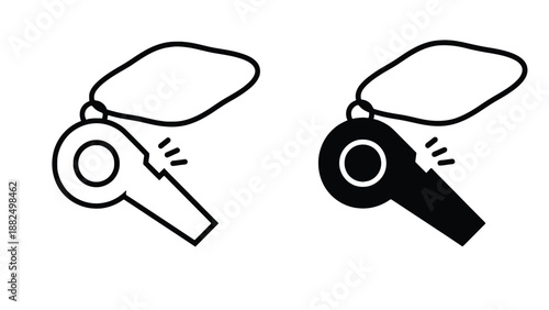 Two black and white whistles with lanyards on a plain background