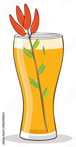 Illustrated Spicy Beer Cocktail with Red Chili Pepper and Herb Garnish in a Tall Glass