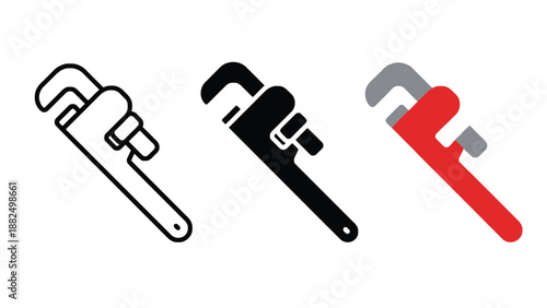 Three adjustable wrenches in different colors on a white background