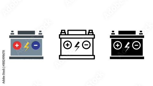 Three different styles of car battery icons are displayed side by side.