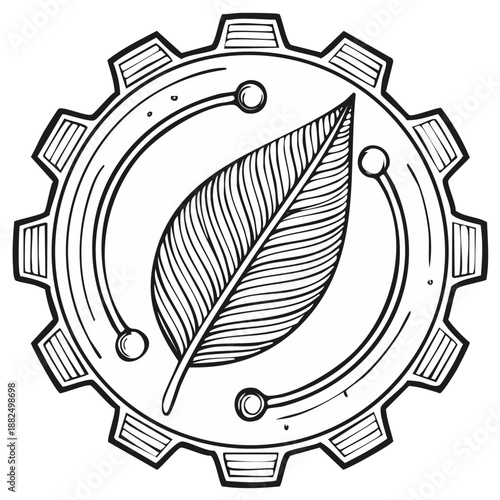 Eco friendly engineering symbol showing a gear cogwheel containing a leaf and circuit connections