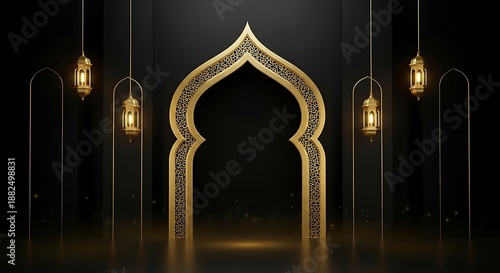 Luxurious Golden Arched Portal with Traditional Hanging Lanterns on a Black Background