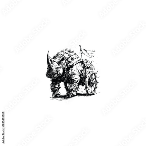 Fantasy war rhinoceros wearing heavy armor pulling a battle cart vintage engraving.