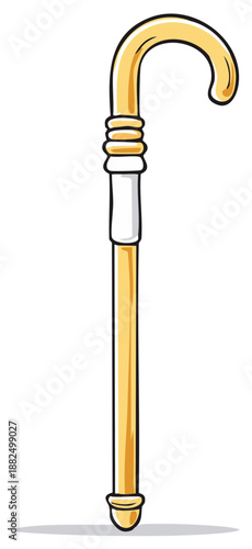 Elegant vintage walking cane, golden with a handle, cartoon illustration.