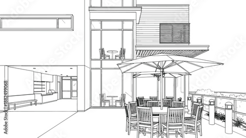 Detailed architectural perspective vector of a modern outdoor terrace featuring dining furniture, a large umbrella, and cafe entrance.