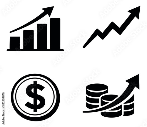 Simple icon business and finance set featuring rising charts, a dollar coin, and growing coin stacks for economic success