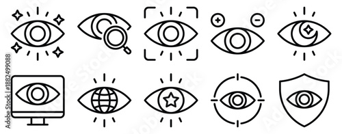 Vision visibility icon set line style illustrating sight clarity awareness perception and visual focus concept.