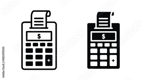 Two black and white calculator icons with dollar sign and receipt